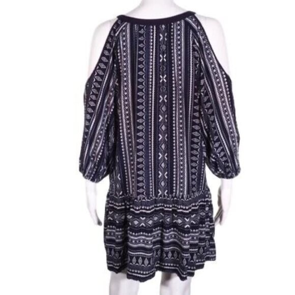 Ya Los Angeles BoHo Dress Size M Womens Cold Shoulder Blue White - Picture 4 of 7
